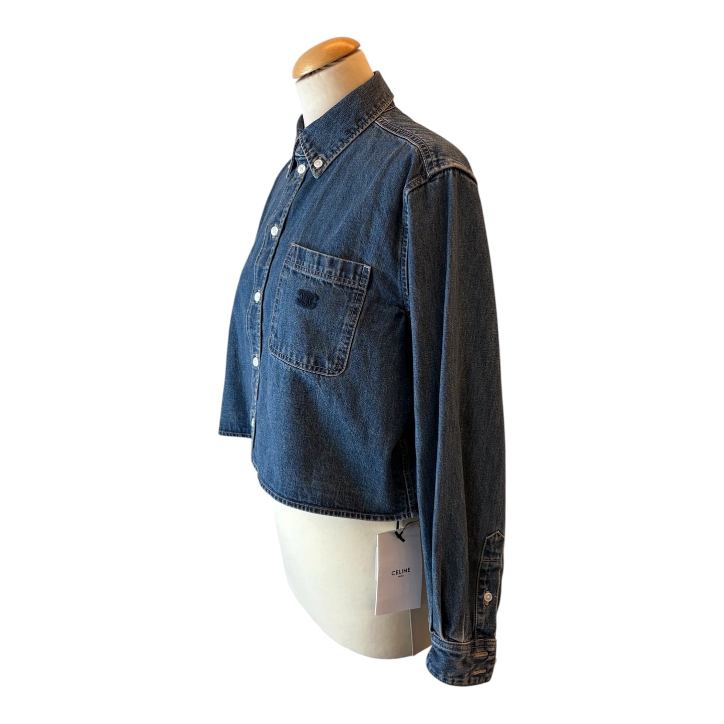 CELINE Short Shirt with Triomphe Embroidery in Denim Size S