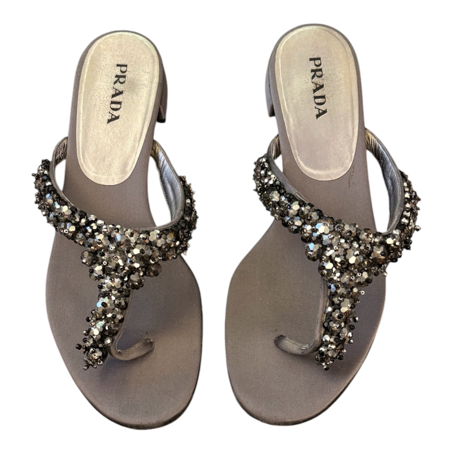 PRADA Crystal Embellished Flat Thong Sandals Grey Size 39,5