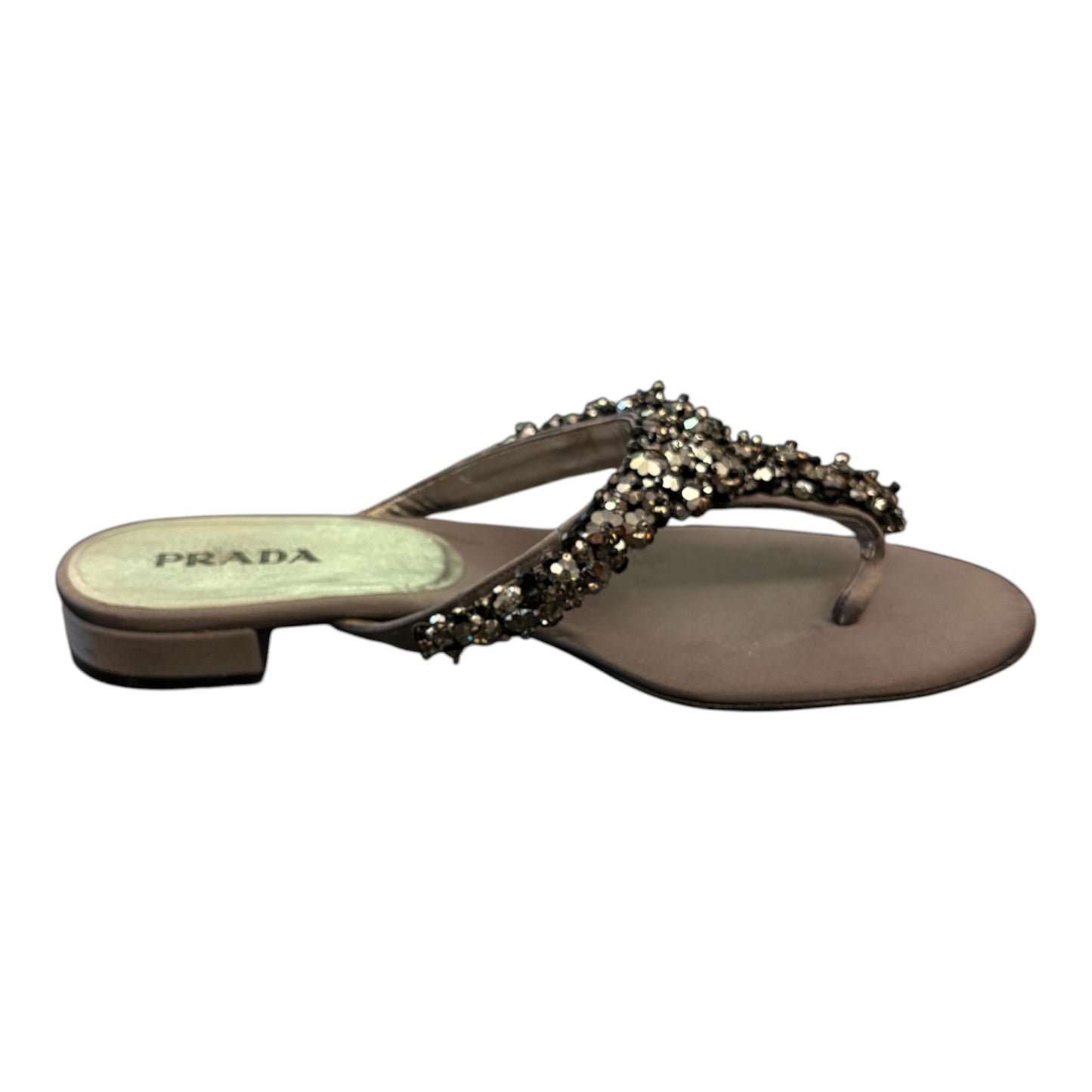PRADA Crystal Embellished Flat Thong Sandals Grey Size 39,5