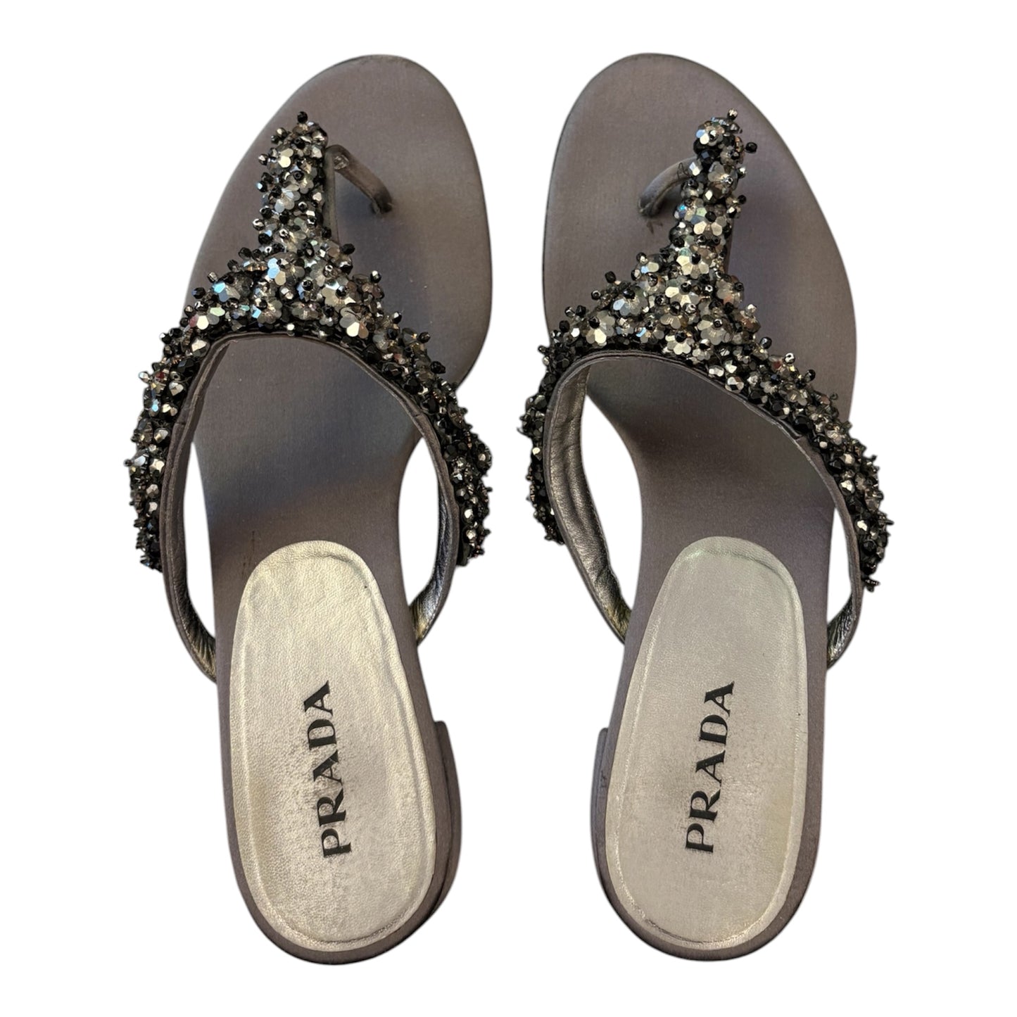 PRADA Crystal Embellished Flat Thong Sandals Grey Size 39,5