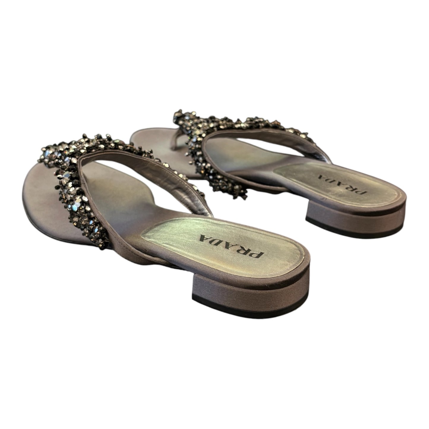 PRADA Crystal Embellished Flat Thong Sandals Grey Size 39,5