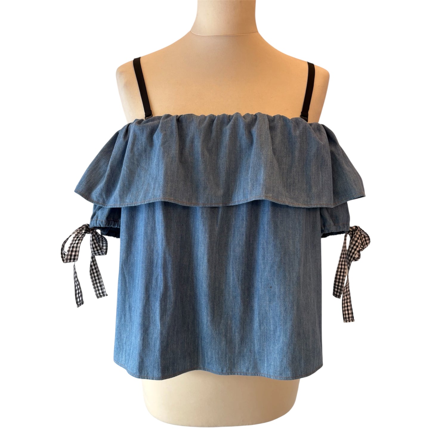MIU MIU Blue Denim Off-The-Shoulder Top Size IT 40