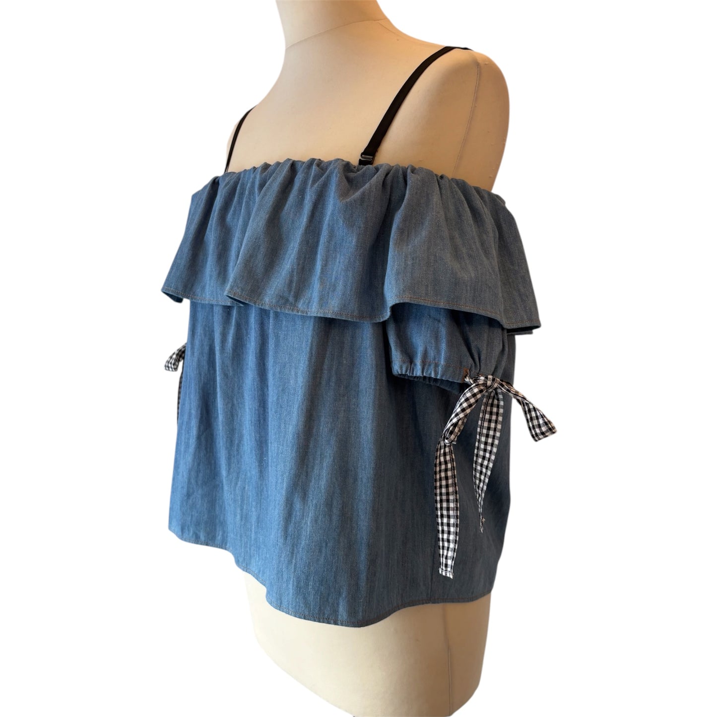 MIU MIU Blue Denim Off-The-Shoulder Top Size IT 40