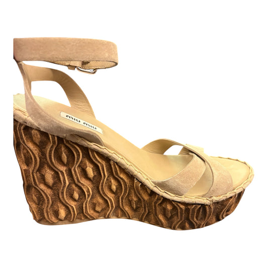 MIU MIU Sculpted Wood Wedge Sandals Size 38.5