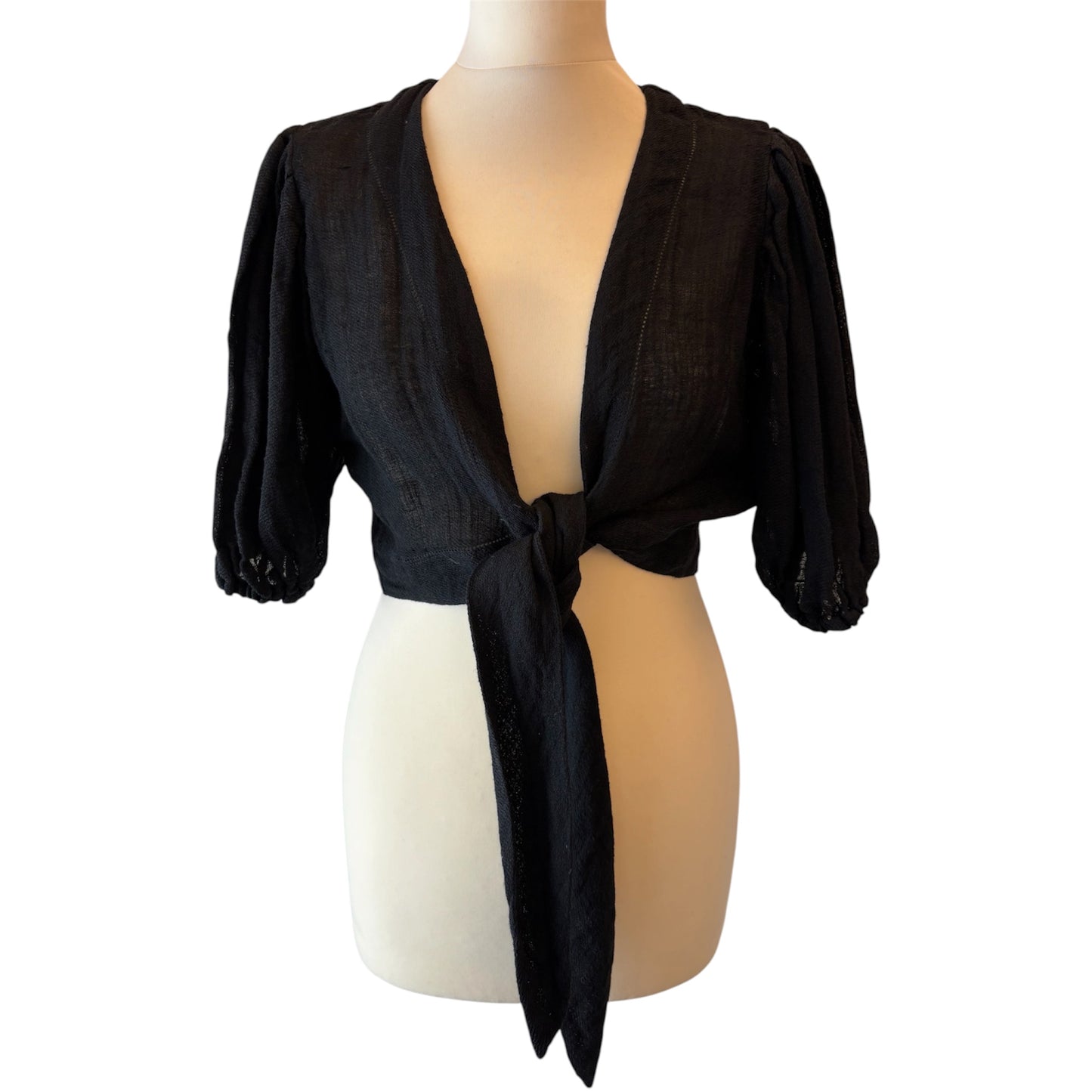 LISA MARIE FERNANDEZ Cropped Tie-Front Linen Blouse - Black Size 2/S