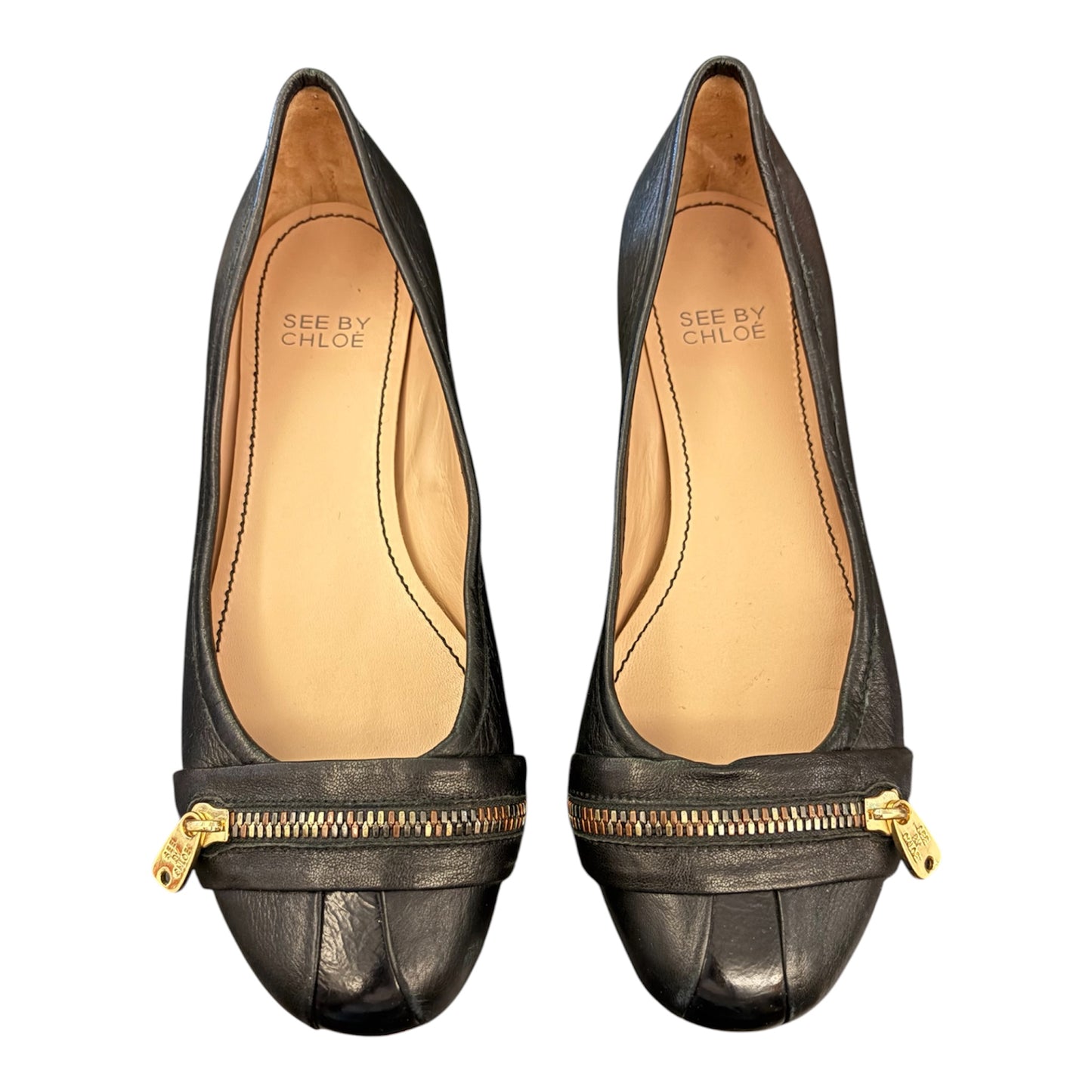 SEE BY CHLOÉ Black Leather Zipper Ballet Flats Size 36