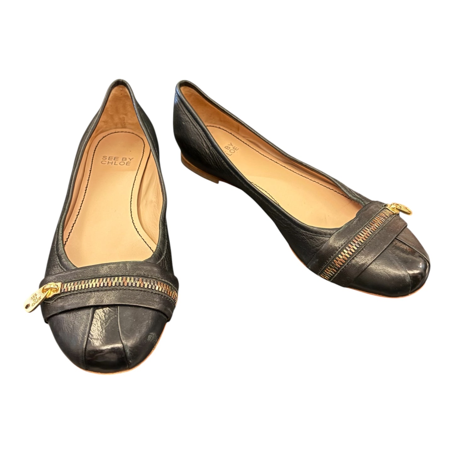 SEE BY CHLOÉ Black Leather Zipper Ballet Flats Size 36