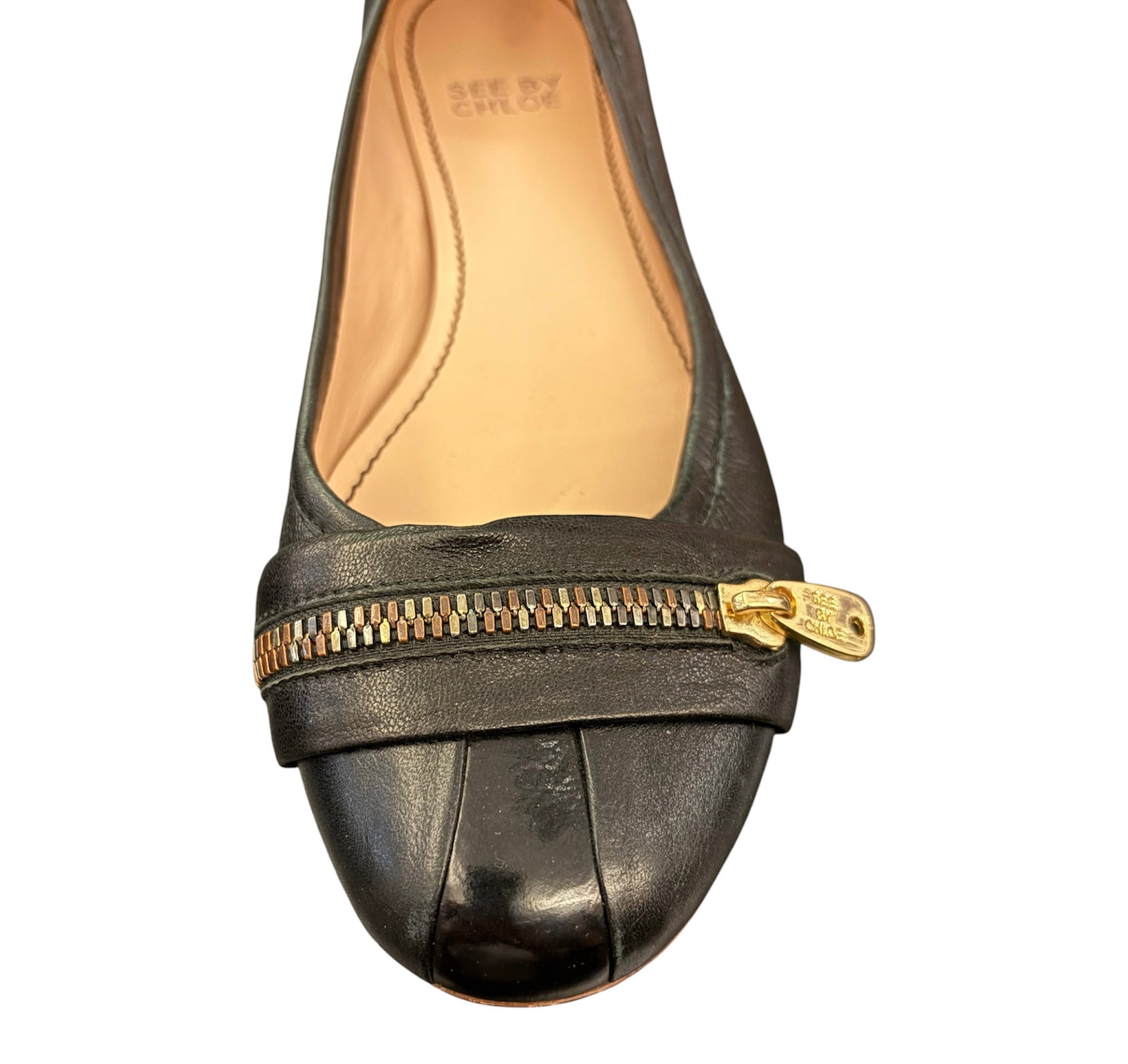 SEE BY CHLOÉ Black Leather Zipper Ballet Flats Size 36