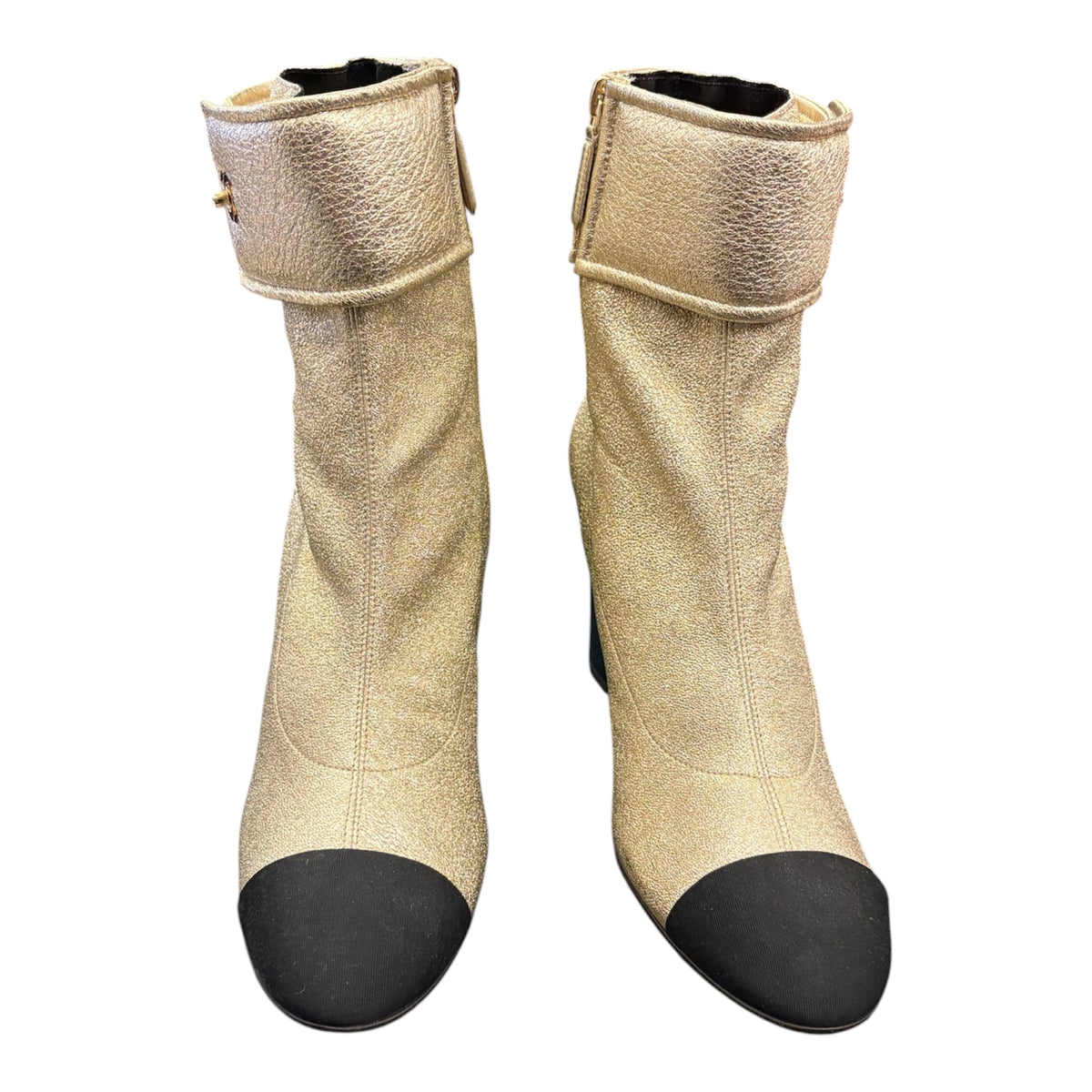 CHANEL Metallic Gold Leather CC Turn-Lock Ankle Boots Size 40