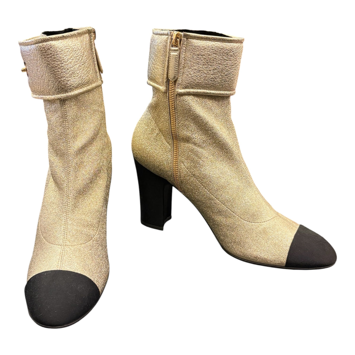 CHANEL Metallic Gold Leather CC Turn-Lock Ankle Boots Size 40
