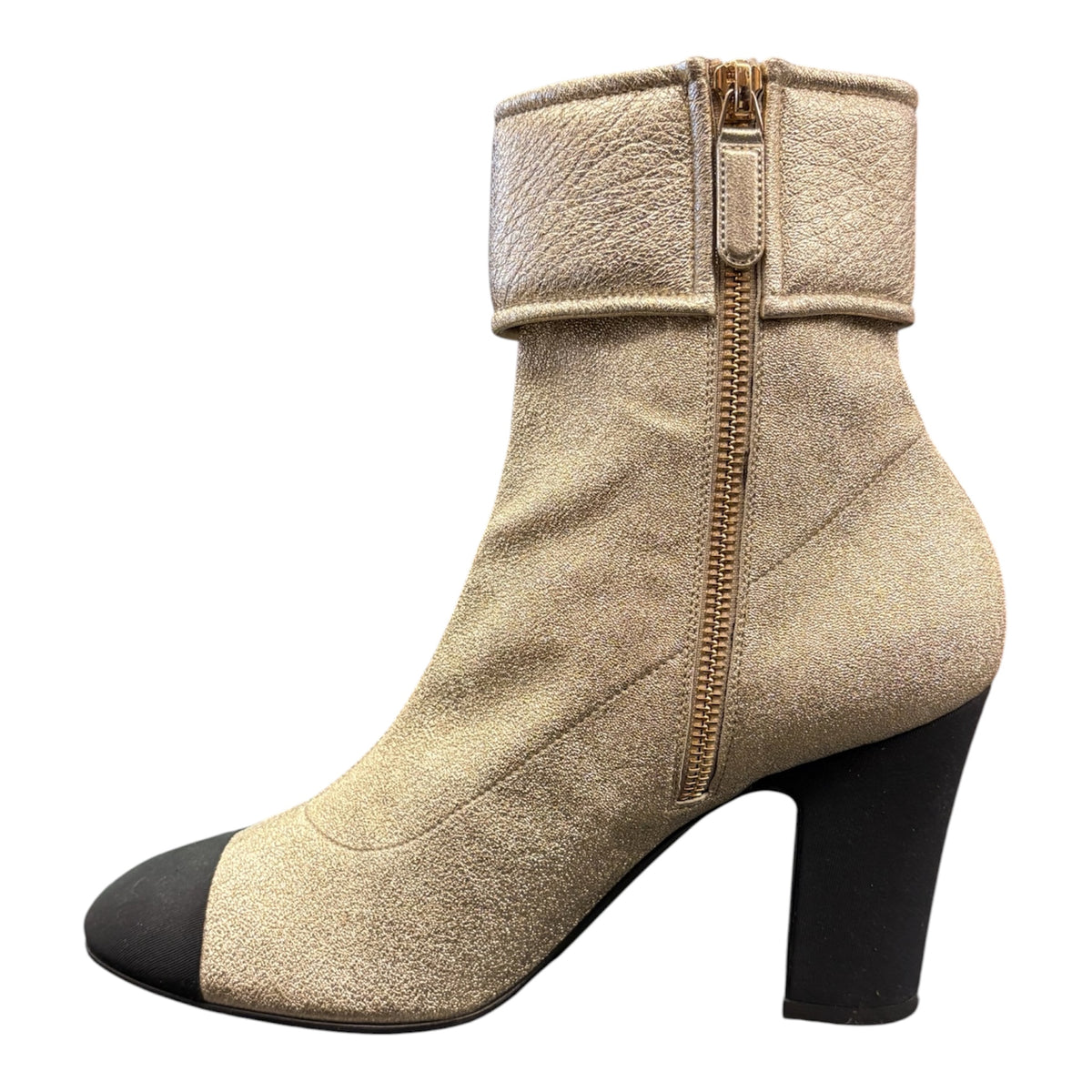 CHANEL Metallic Gold Leather CC Turn-Lock Ankle Boots Size 40