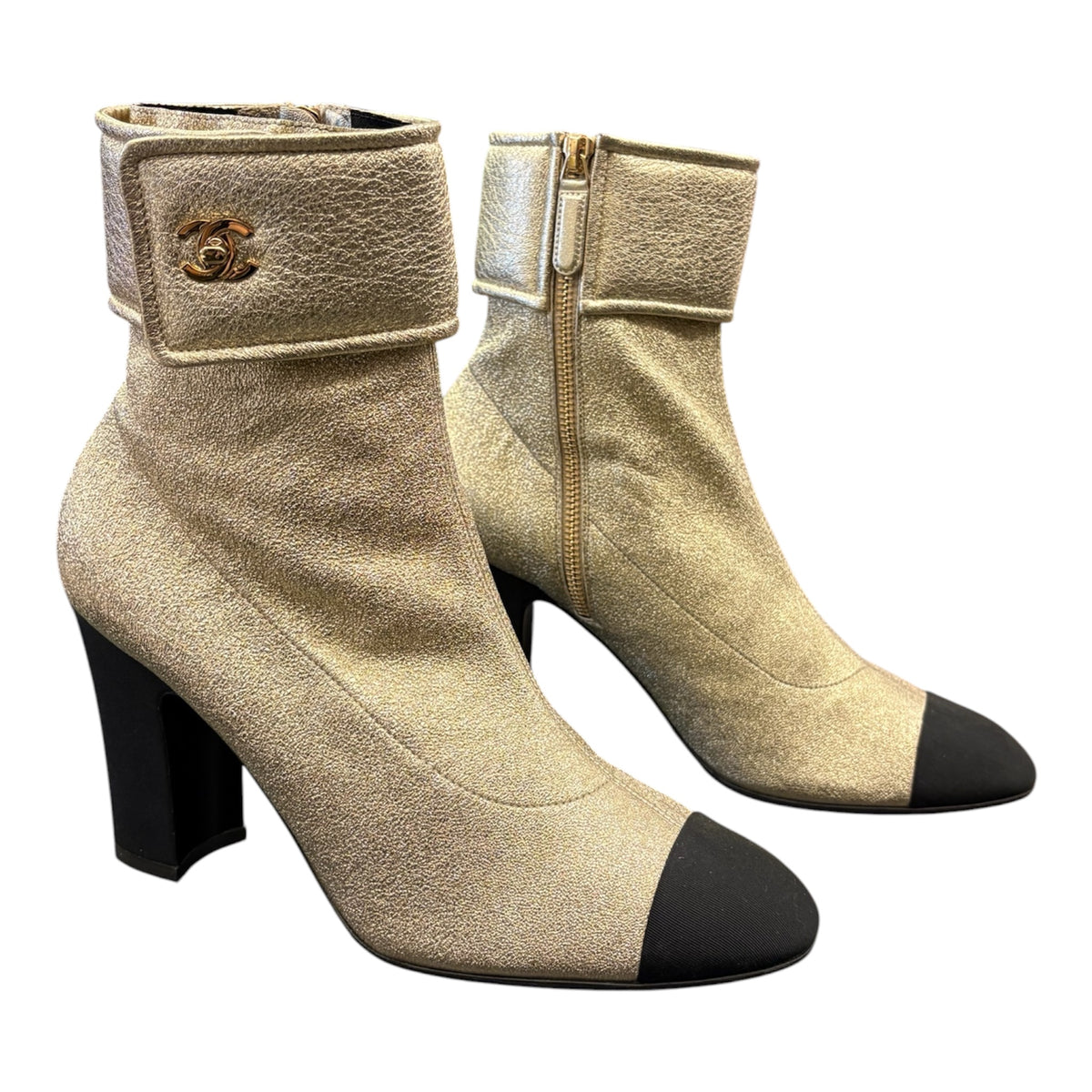 CHANEL Metallic Gold Leather CC Turn-Lock Ankle Boots Size 40