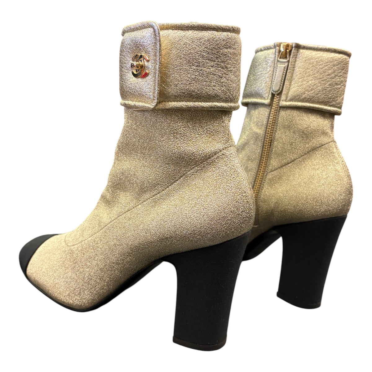 CHANEL Metallic Gold Leather CC Turn-Lock Ankle Boots Size 40