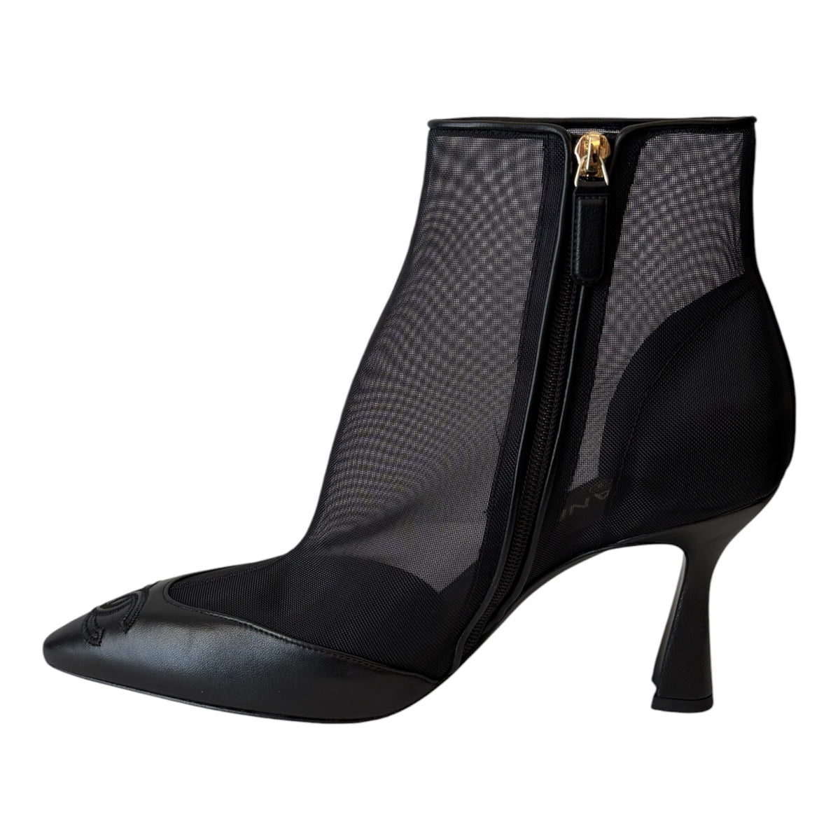 CHANEL (Brand New-2026) Black Mesh & Lambskin CC Logo Cap Toe Ankle Boots Size 40