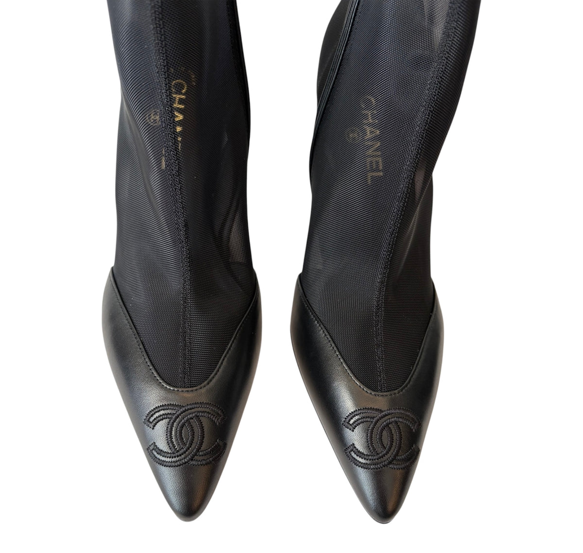 CHANEL (Brand New-2026) Black Mesh & Lambskin CC Logo Cap Toe Ankle Boots Size 40