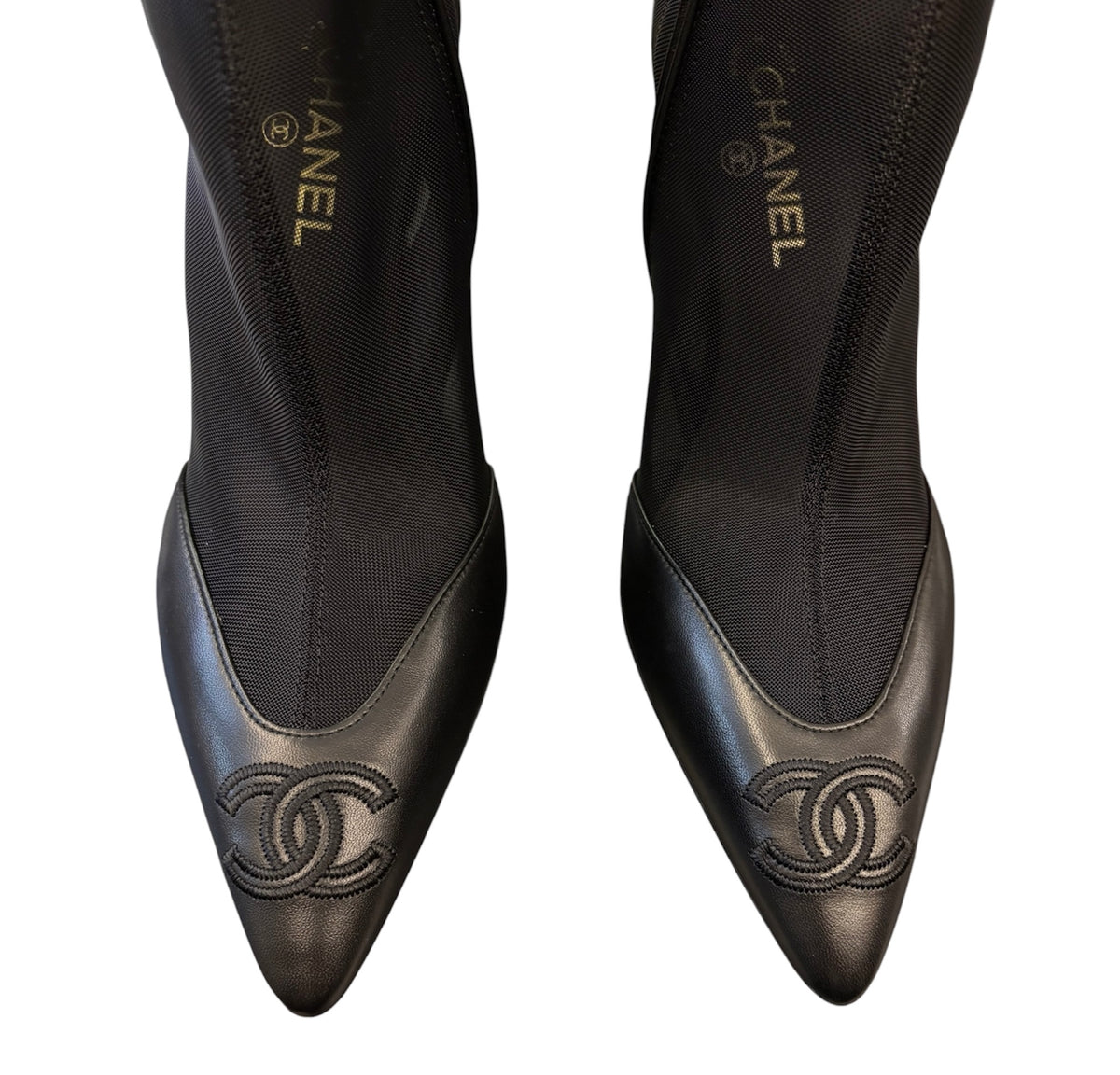 CHANEL (Brand New-2026) Black Mesh & Lambskin CC Logo Cap Toe Ankle Boots Size 40