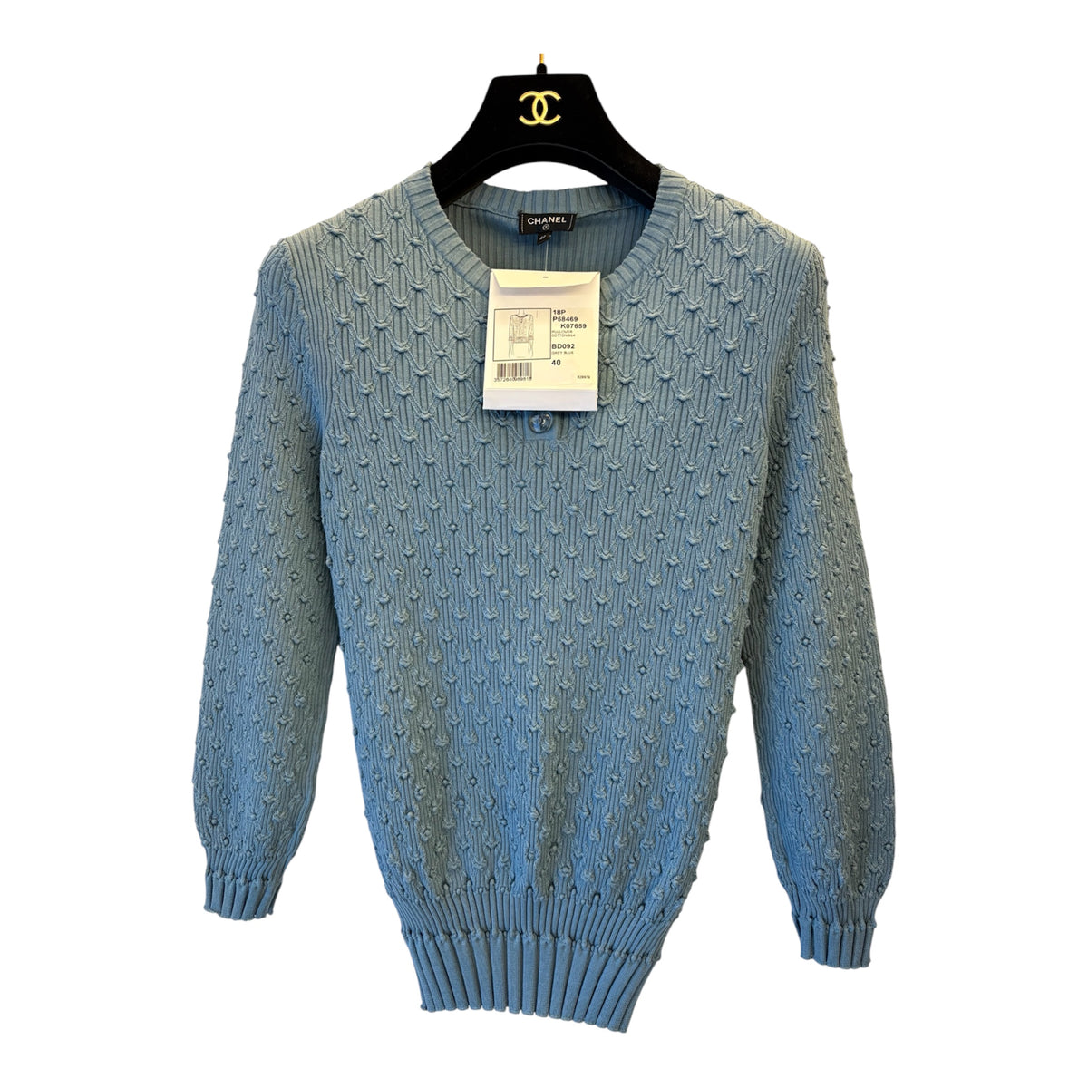 CHANEL (NWT) Grey Blue Cotton/Silk Ribbed Knit Pullover Size FR 40