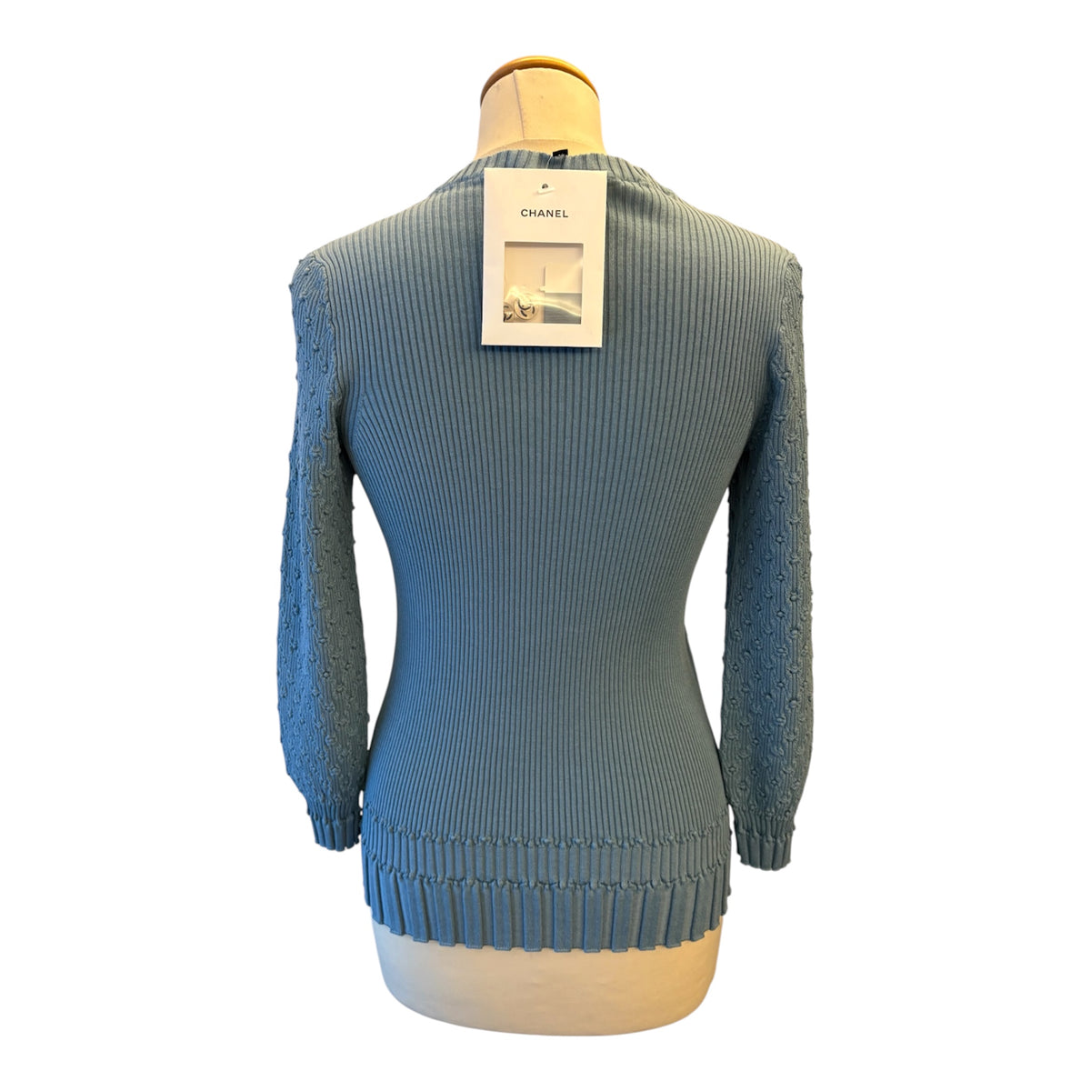 CHANEL (NWT) Grey Blue Cotton/Silk Ribbed Knit Pullover Size FR 40