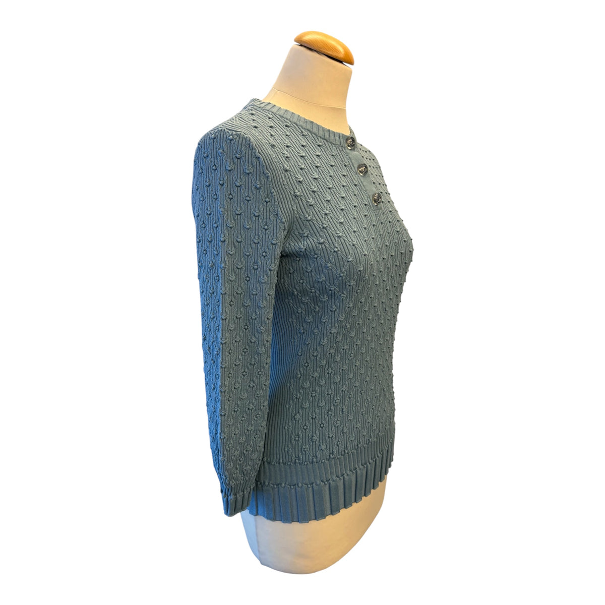 CHANEL (NWT) Grey Blue Cotton/Silk Ribbed Knit Pullover Size FR 40