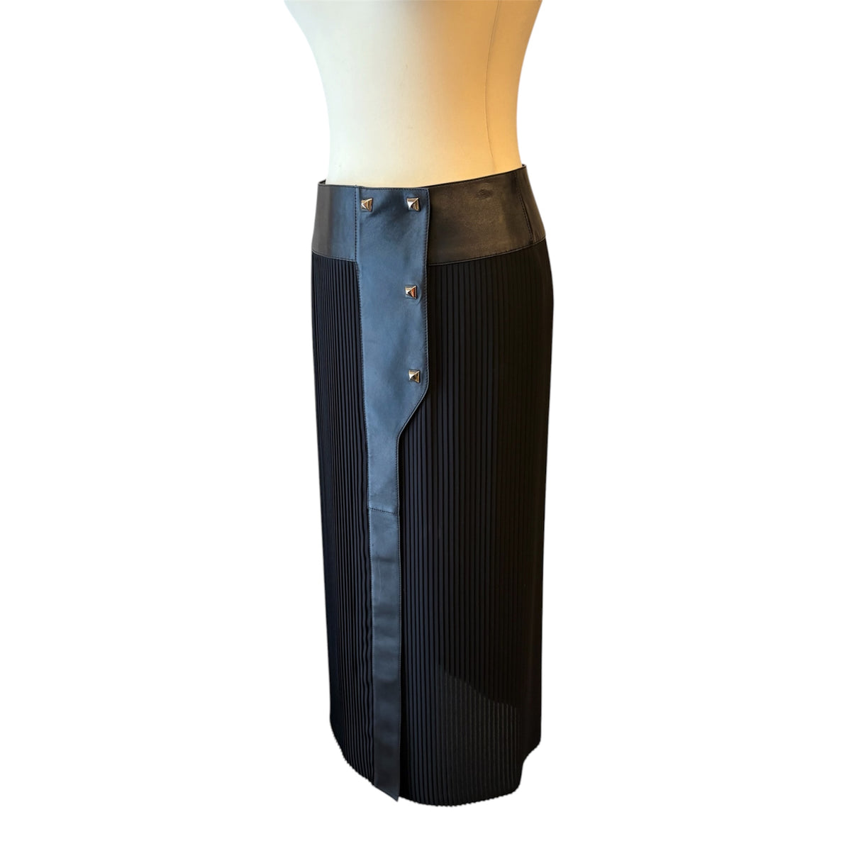HERMÈS Black Pleated Lambskin Trim Midi Skirt Size Fr 38