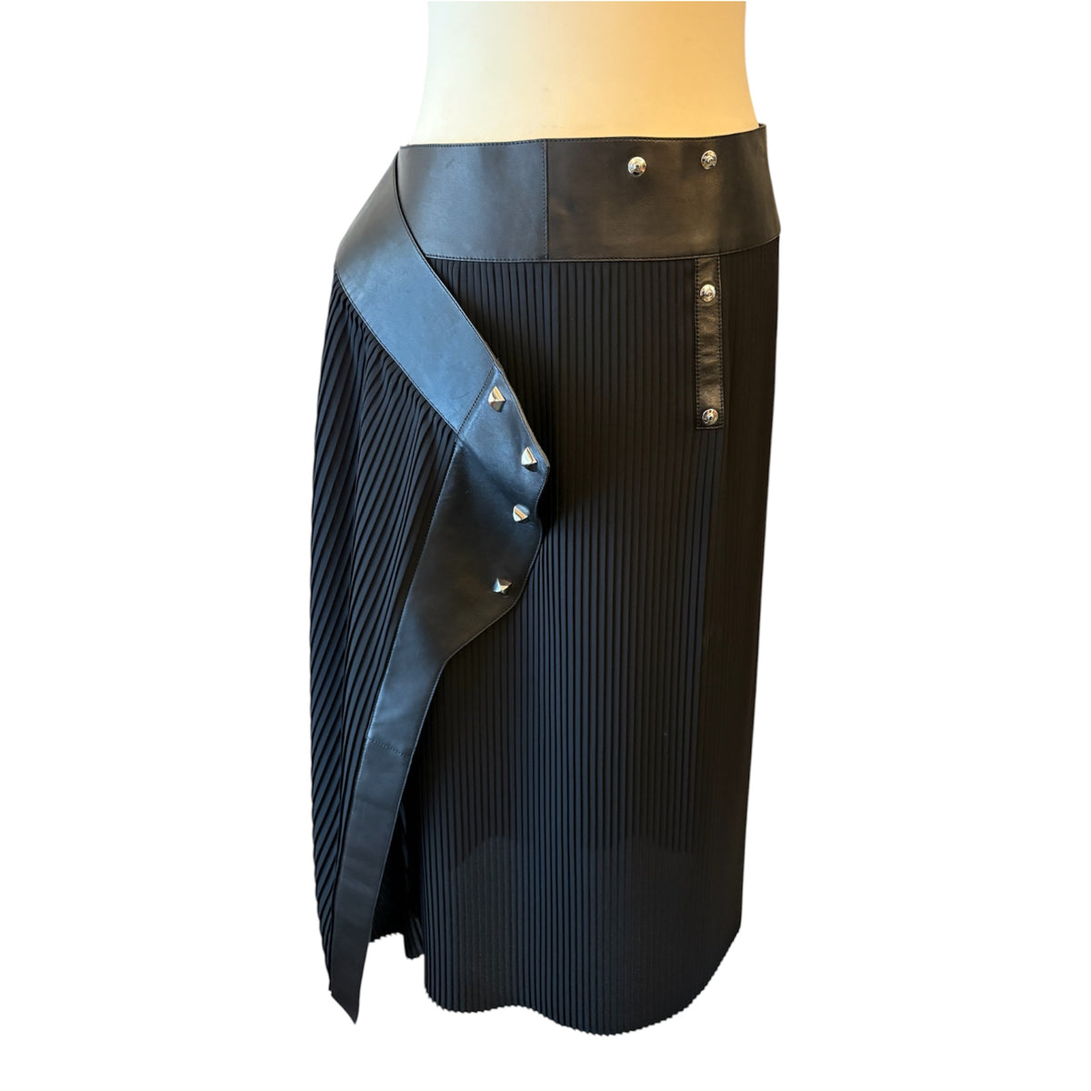 HERMÈS Black Pleated Lambskin Trim Midi Skirt Size Fr 38