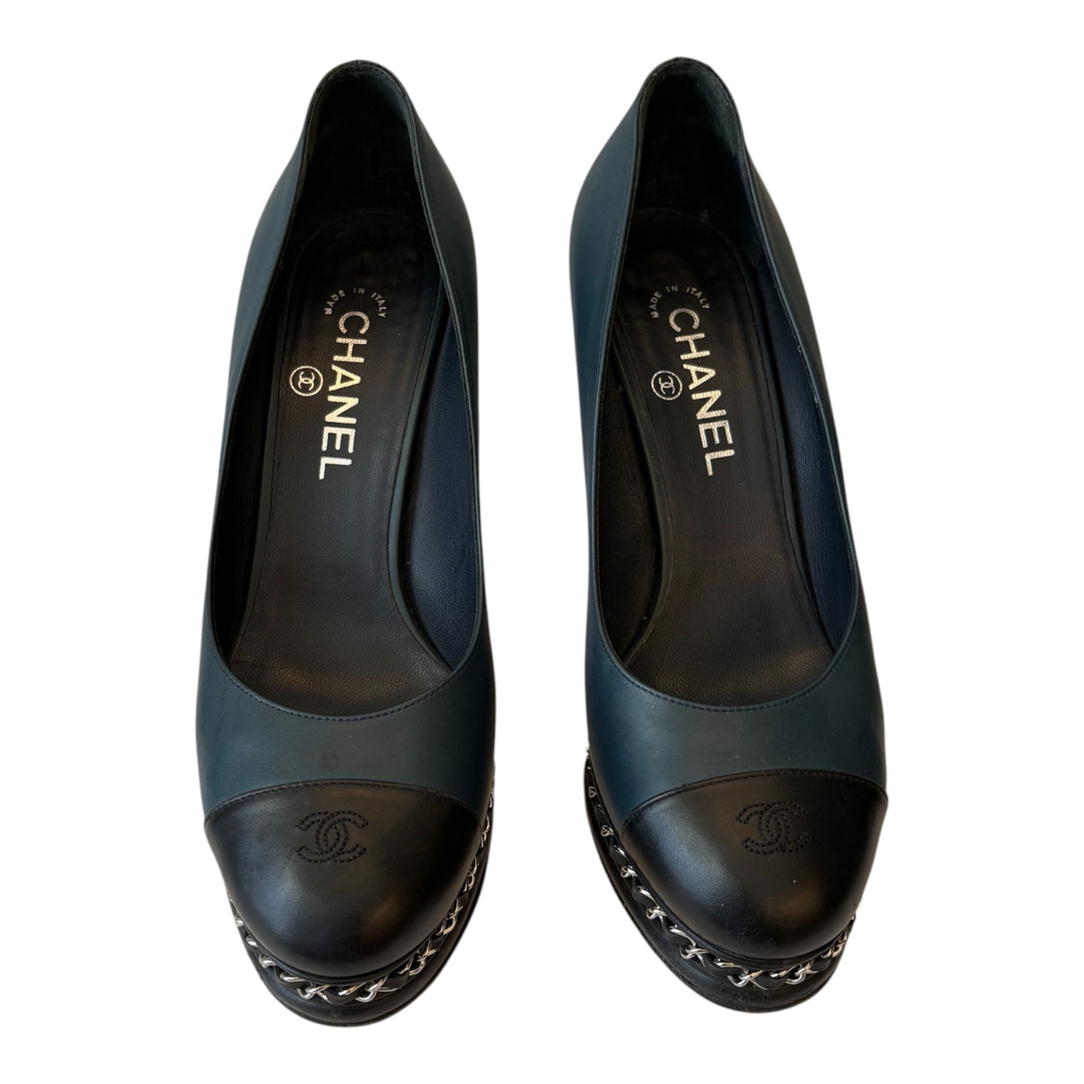 CHANEL Navy Blue & Black Leather Chain-Trim Platform Pumps Size 39 C