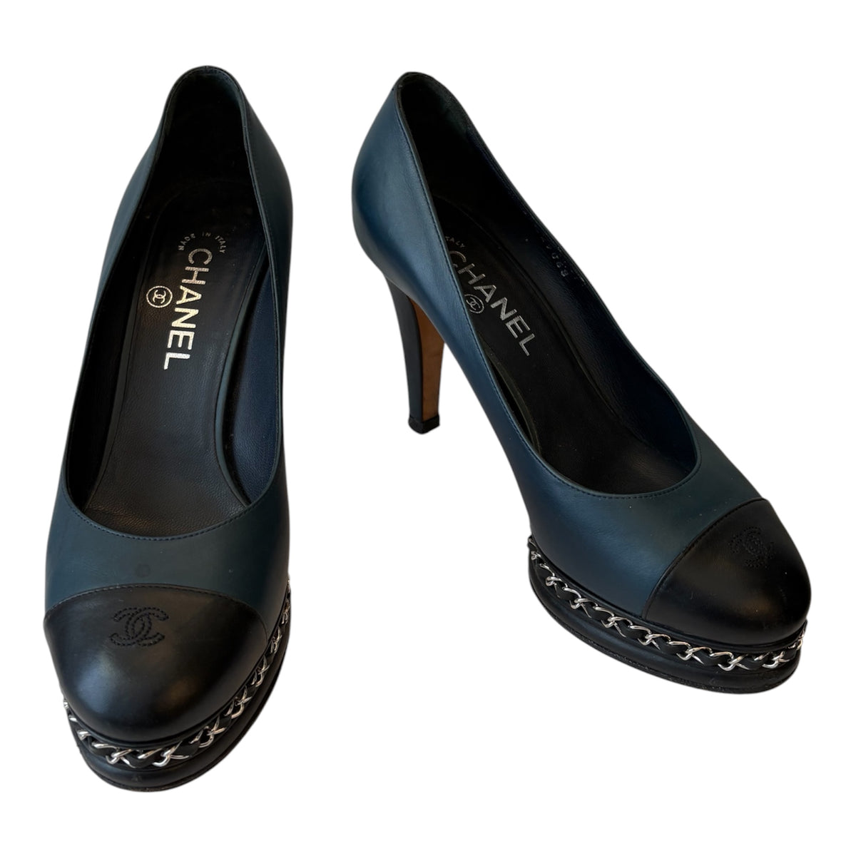 CHANEL Navy Blue & Black Leather Chain-Trim Platform Pumps Size 39 C
