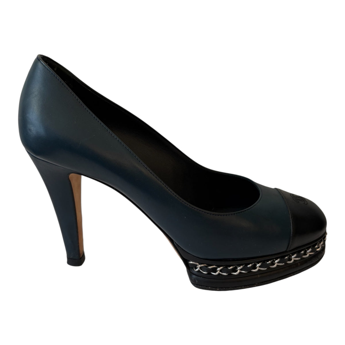 CHANEL Navy Blue & Black Leather Chain-Trim Platform Pumps Size 39 C