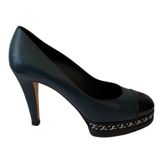 CHANEL Navy Blue & Black Leather Chain-Trim Platform Pumps Size 39 C