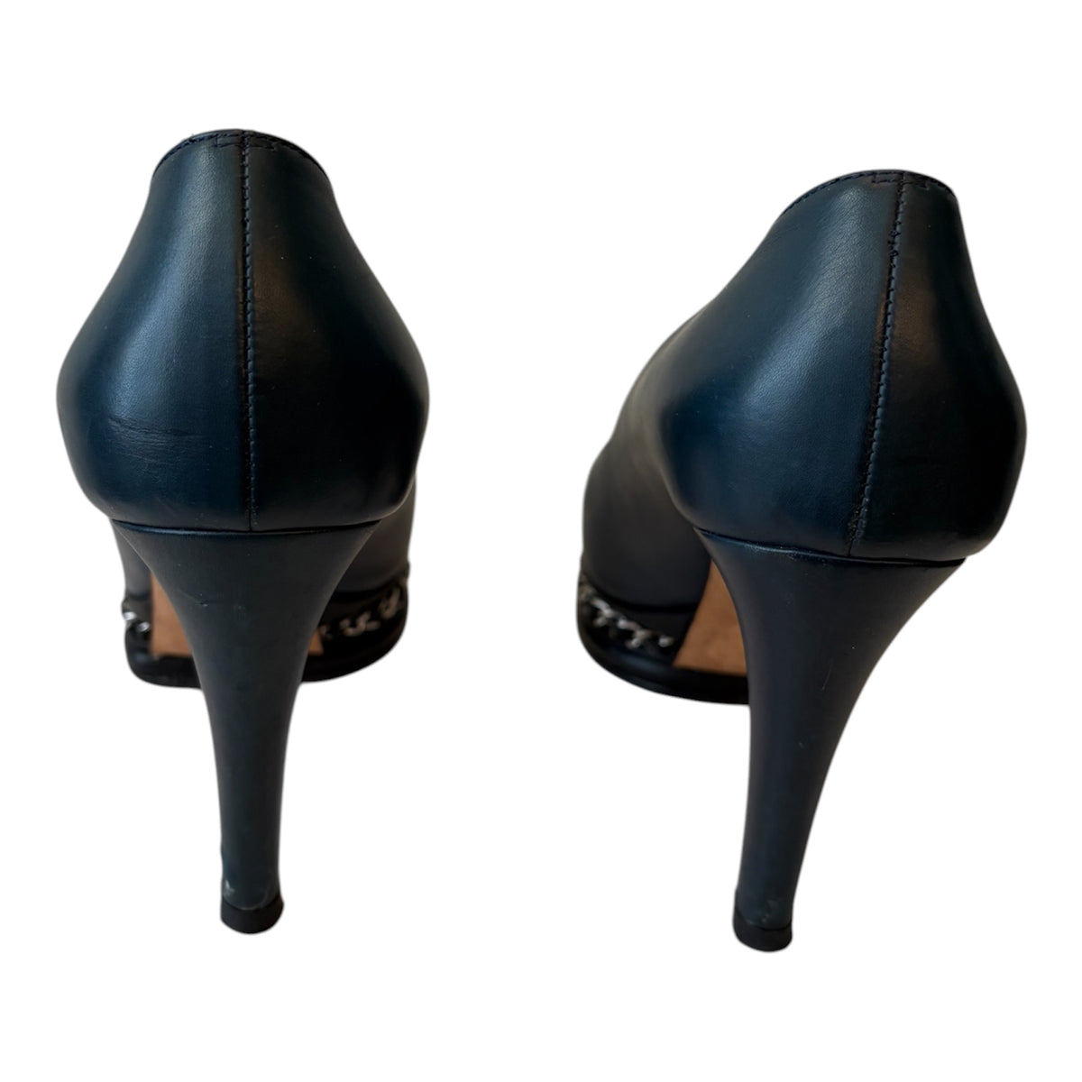 CHANEL Navy Blue & Black Leather Chain-Trim Platform Pumps Size 39 C