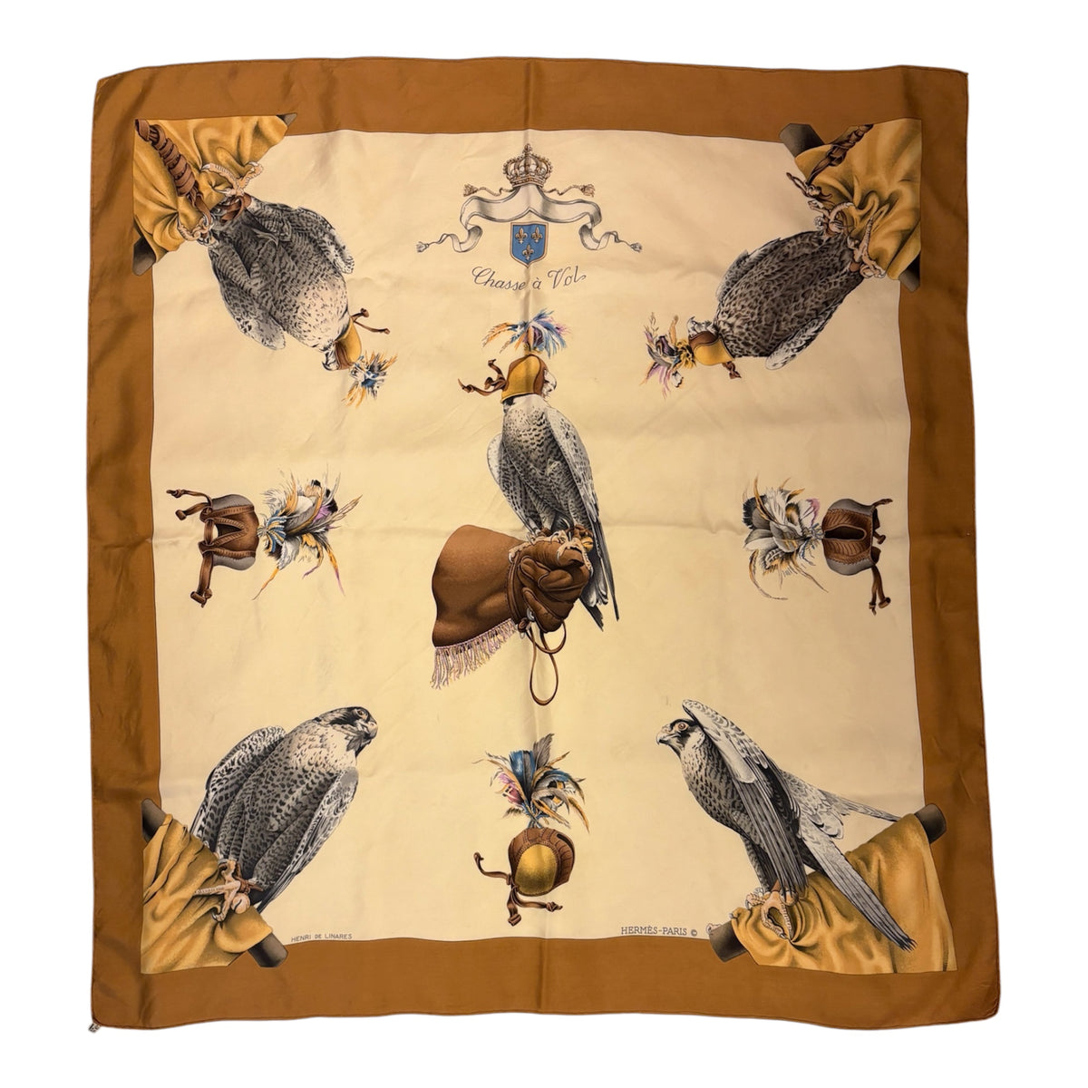 HERMÈS Vintage Silk Scarf “Chasse à Vol” by Henri de Linares 90x90 cm